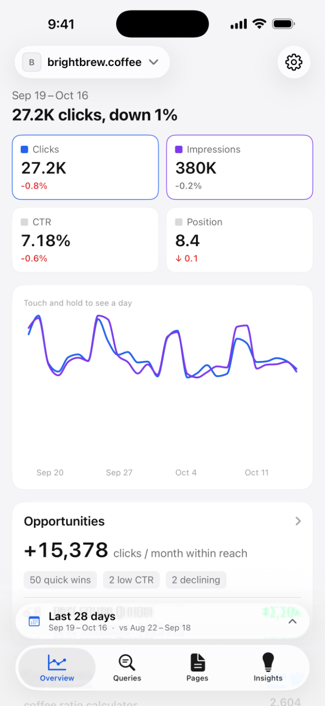 Searchlight overview of a website's clicks, impressions, CTR and position